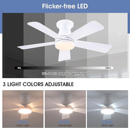 41" Low Profile Ceiling Fans with Lights and Remote, White Indoor Ceiling Fan Light with Quiet Reversible DC Motor,Modern Flush Mount Ceiling Fans with Dimmable LED for Bedroom Kitchen