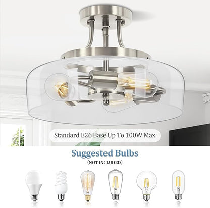 3-Light Semi Flush Mount Light Fixture, Modern Industrial Glass Ceiling Light with E26 Base, Metal Semi Flush Ceiling Light for Living Room Kitchen Bedroom Hallway Balcony, No Bulbs, Brushed Nickel