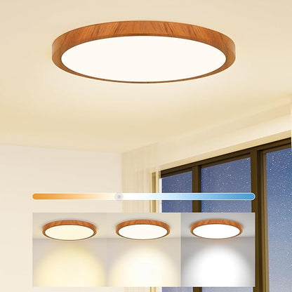 Light Fixtures Ceiling Mount: 12 Inch 24W Wood Grain LED Ceiling Light 3000K-4000K-6000K Selectable Flat Low Profile Round Ceiling Lights for Bedroom Laundry Closet Hallway - Walnut
