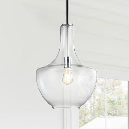 JONATHAN Y 13.25" Chrome/Clear Mid-Century Modern 1-Light LED Pendant Light Fixture, Adjustable Schoolhouse Hanging Lamp for Kitchen Island, Clear Glass Shade, LED Bulb Included (JYL6401A)