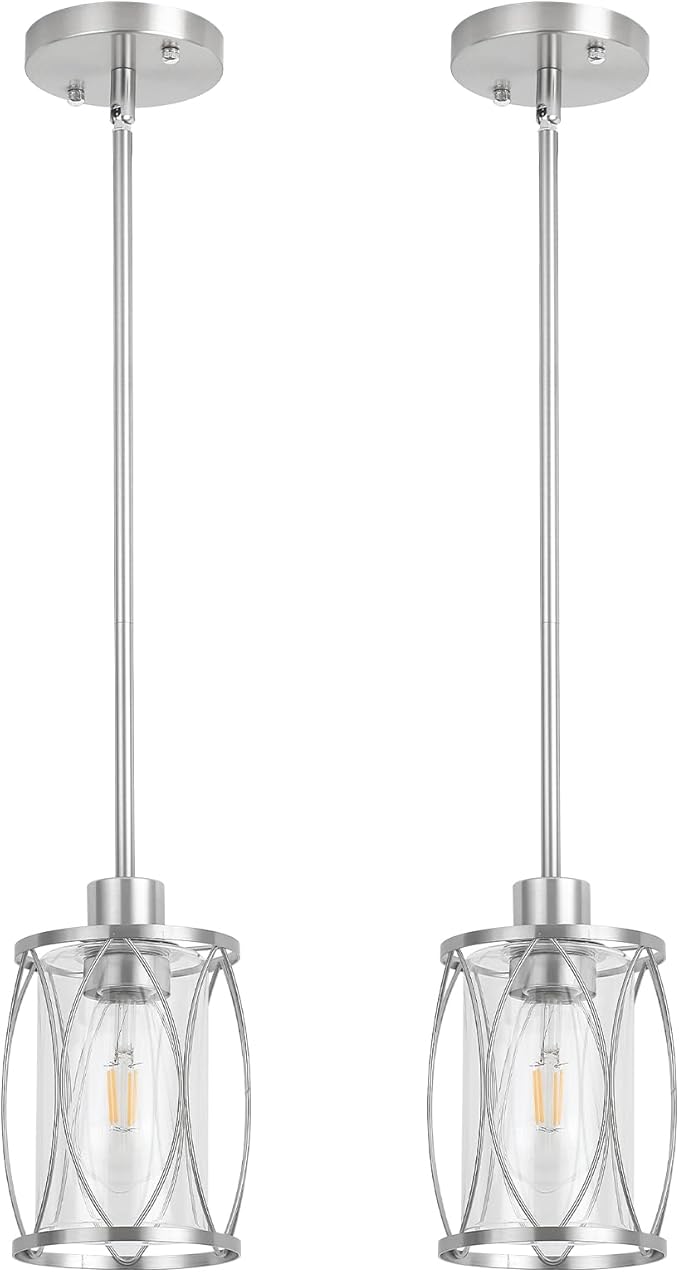 Glass Pendant Lights Kitchen Island Brushed Nickel Pendant Light Fixtures Adjustable Farmhouse Mini Hanging Light with Clear Glass for Sink Dining Room Foyer Entryway Bar, 2 Pack