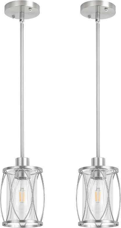 Glass Pendant Lights Kitchen Island Brushed Nickel Pendant Light Fixtures Adjustable Farmhouse Mini Hanging Light with Clear Glass for Sink Dining Room Foyer Entryway Bar, 2 Pack