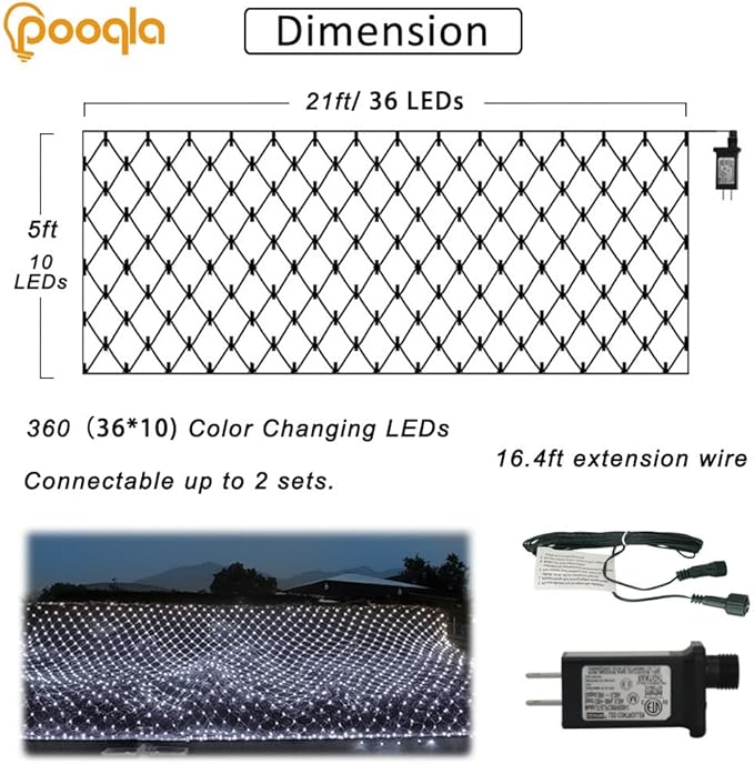Cool White Net Lights, 360 LED Outdoor Christmas Net String Lights, 21 ft x 5 ft Large Net Mesh String Lights, 8 Modes Twinkle Lights Connectable Plug in for Bushes Christmas Yard Garden Party Decor