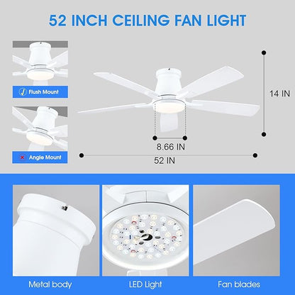 Surtime 52" Ceiling Fans with Lights-Low Profile Ceiling Fan with Light and Remote/APP Control,Flush Mount,White Ceiling Fans for Bedroom,Indoor/Outdoor Patio Use