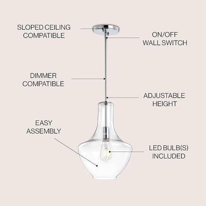JONATHAN Y 10.5" Chrome Mid-Century Modern 1-Light LED Pendant Light Fixture, Adjustable Schoolhouse Hanging Lamp for Kitchen Island, Clear Glass Shade, LED Bulb Included JYL6400A