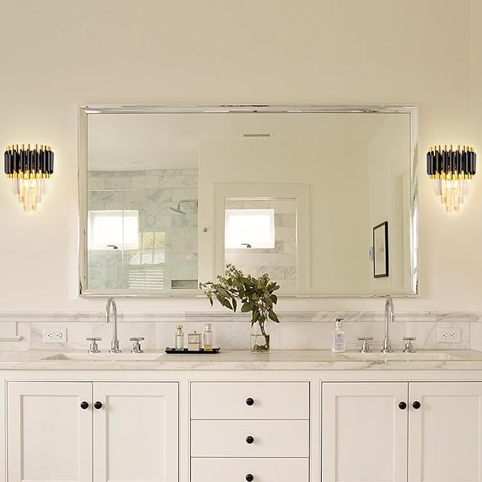FRIXCHUR Crystal Wall Sconce Black Modern Lamp Mounted Light Fixture for Bedroom Bedside Living Room Hallway Bathroom 2X E12 Base
