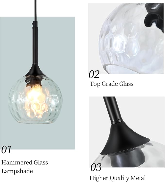 Glass Pendant Lights Kitchen Island: 5.91'' 2-Pack 1-Light Hammered Glass Pendant Light with Black Finish - Modern Minimalist Hanging Light Fixture for Kitchen Sink Dining Room Bathroom