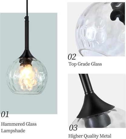 Glass Pendant Lights Kitchen Island: 5.91'' 2-Pack 1-Light Hammered Glass Pendant Light with Black Finish - Modern Minimalist Hanging Light Fixture for Kitchen Sink Dining Room Bathroom