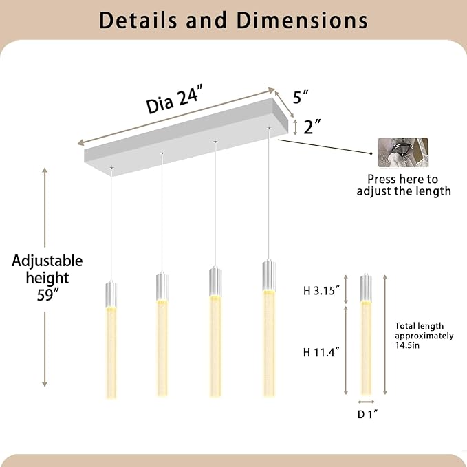 Bubble Crystal Column Chandelier, 4-Light Rectangular Chorme Crystal Chandelier, Dimmable Adjustable Height Luxury Pendant Light for Kitchen Island, Dining Room, Living Room