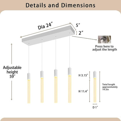 Bubble Crystal Column Chandelier, 4-Light Rectangular Chorme Crystal Chandelier, Dimmable Adjustable Height Luxury Pendant Light for Kitchen Island, Dining Room, Living Room