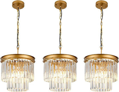 3-Pack Crystal Pendant Lights 11.8" Modern Crystal Chandelier 3-Light 2-Tier Luxury Gold Round Hanging Lighting Fixture for Dinning Room Bedroom Living Room Foyer Kitchen Island