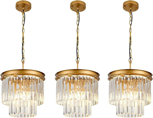3-Pack Crystal Pendant Lights 11.8" Modern Crystal Chandelier 3-Light 2-Tier Luxury Gold Round Hanging Lighting Fixture for Dinning Room Bedroom Living Room Foyer Kitchen Island