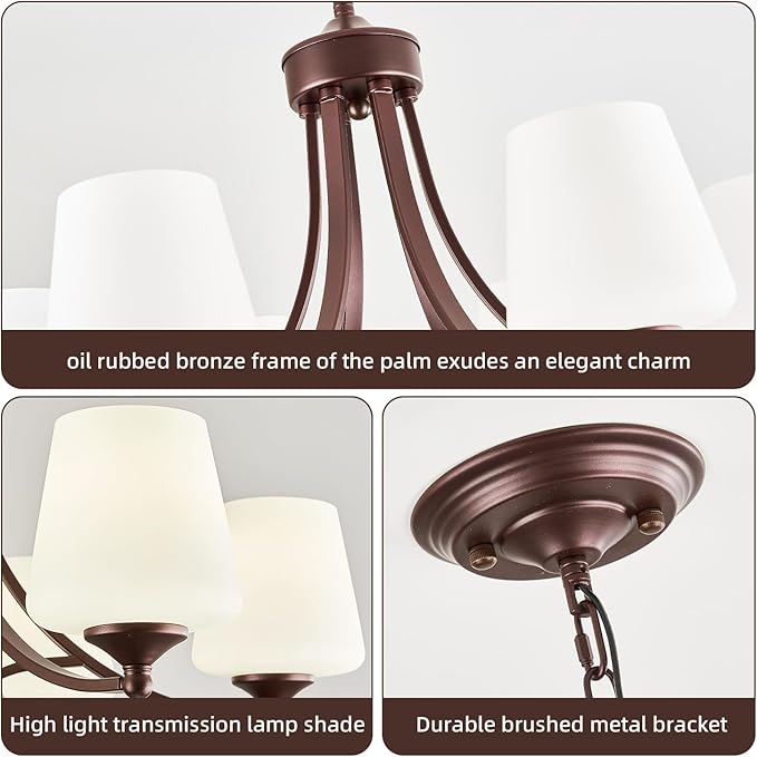 Oil-Rubbed Bronze Farmhouse Chandelier for Dining Room Hanging Lighting Fixtures 6-Light Chandelier with Frosted Glass Shade, Rustic Pendant Light for Kitchen Island Adjustable Height 47.2’’