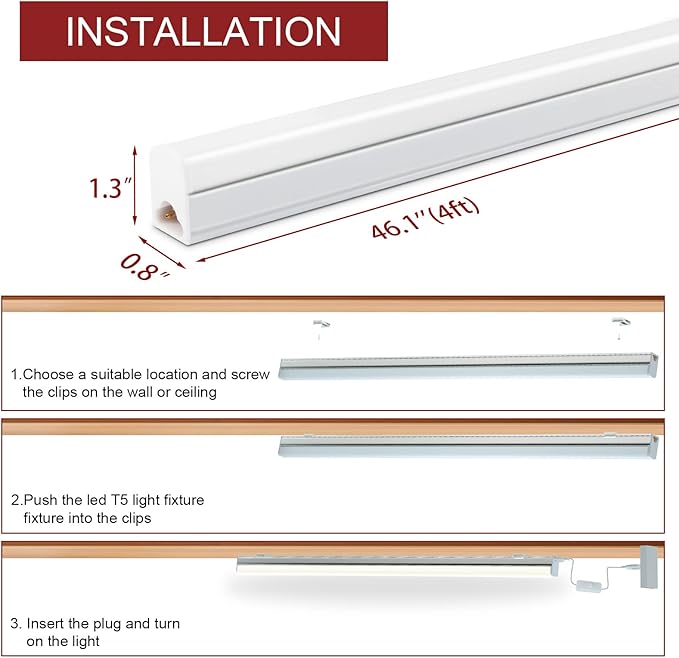 (Pack of 8 LED Shop Light T5 4FT, 20W, 2200LM, 4000K Cool White, Utility led Shop Light, LED Ceiling Light and Under Cabinet Light, Corded Electric with Built-in ON/Off Switch