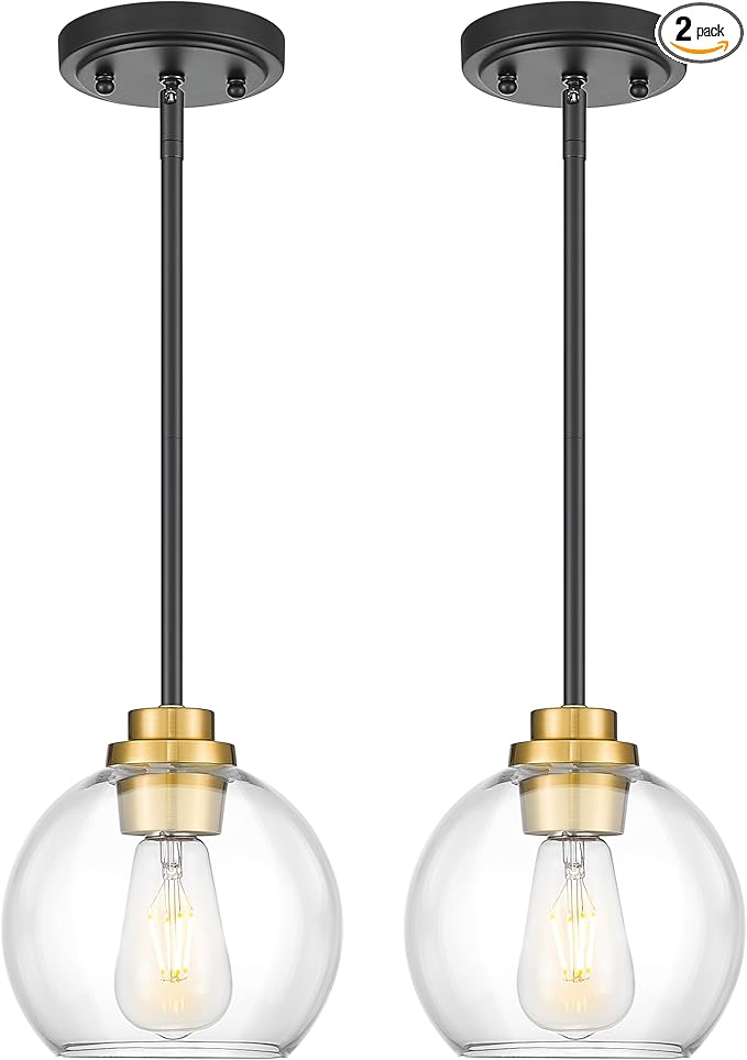 Pendant Lights Kitchen Island 2 Pack, 7" Black and Gold Hanging Lights Fixtures with Clear Glass Globe Shade, Modern Kitchen Island Lighting for Bathroom, AD-22280-1P2-KG
