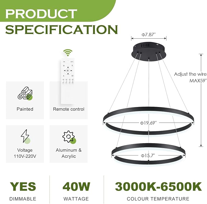 Benkut 2-Rings Modern LED Chandelier Black for Dining Room, Circular Flush Mount Ceiling Chandelier Light Dimmable Pendant Light with Remote Control for Living Room Entrance Foyer, 3000K-6500K