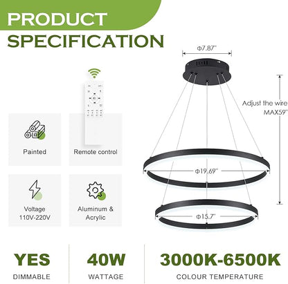 Benkut 2-Rings Modern LED Chandelier Black for Dining Room, Circular Flush Mount Ceiling Chandelier Light Dimmable Pendant Light with Remote Control for Living Room Entrance Foyer, 3000K-6500K
