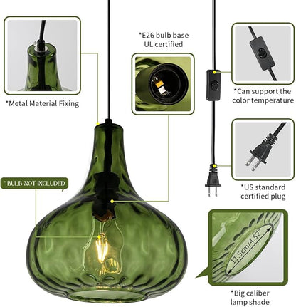 Plug in Pendant Light Fixture,Vintage Hanging Lamp with Cord Hammered Green Glass Globe Shade Mid-Century Modern Ceilig Pendant Lamp Plug in Hanging Lamp for Bedroom Dining Living Room