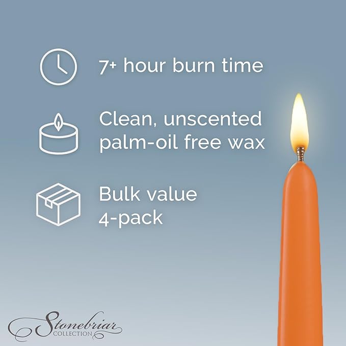Stonebriar Unscented Taper Candles – 7 Hour Burn Time, Long-Lasting Wax Candles for Weddings, Holidays, Home Décor & Special Events, Pack of 4, Orange, 10"