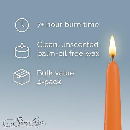 Stonebriar Unscented Taper Candles – 7 Hour Burn Time, Long-Lasting Wax Candles for Weddings, Holidays, Home Décor & Special Events, Pack of 4, Orange, 10"