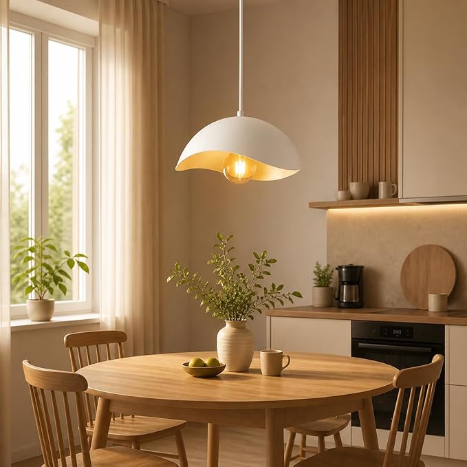 Modern White LED Pendant Light (LED Bulb Included), Soft Ambient Hanging Lamp, Minimalist Ceiling Fixture for Kitchen Island, Dining Room, Scandinavian Style Lighting (2 Pack)