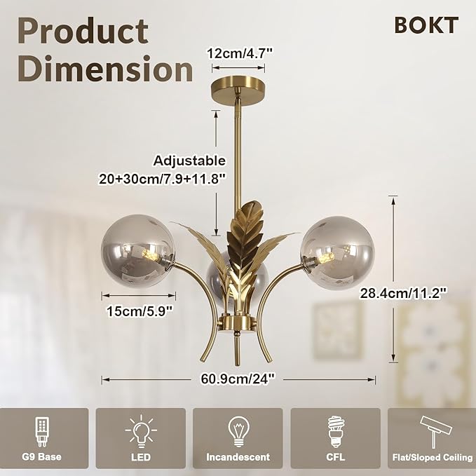 BOKT Smoke Gray Glass Farmhouse Sputnik Chandelier Modern Mid Century 3 Globe Ceiling Lamp Gold Pendant Lighting Fixture for Bedroom Living Dining Room Foyer Bulb Included