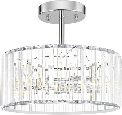 Lxybcce Modern Crystal Ceiling Light, Chrome Semi Flush Mount Ceiling Lighting Fixture, Hallway Light Fixtures Chandelier for Kitchen, Bedroom Dining Room Hallway Closet, 3-Light, 12 Inch