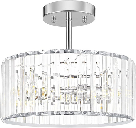 Lxybcce Modern Crystal Ceiling Light, Chrome Semi Flush Mount Ceiling Lighting Fixture, Hallway Light Fixtures Chandelier for Kitchen, Bedroom Dining Room Hallway Closet, 3-Light, 12 Inch