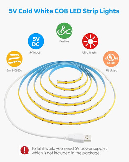Aclorol USB COB LED Strip Lights for TV 5V USB Powered LED Tape Lights Daylight White 6.56FT 320Leds/M 6000K COB Flexible Light Strip TV Led Backlight for Bedroom Under Cabinet Kitchen DIY 400LM/m