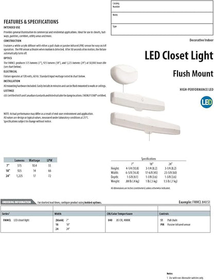 Lithonia Lighting LED Flush Mount Closet Light, 18 Inch Motion Sensor Closet Light Fixture for Bedroom, Bathroom, Storeroom, Pantry or Utility Room, Damp Rated, Hardwired (FMMCL 18 840 PIR M4)