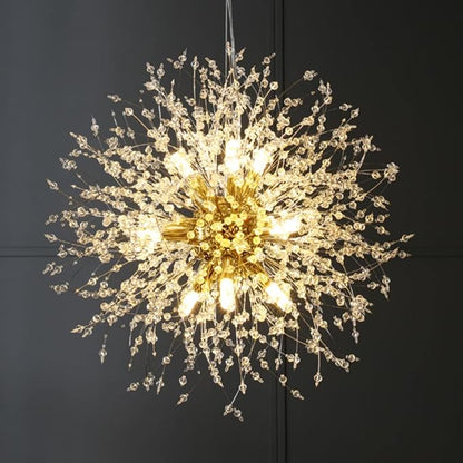Gold Crystal Chandeliers 9-Light Modern Firework Chandelier Dandelion Light Fixture,Bedroom Chandelier,Ceiling Hanging Lighting for Dining Room,Bedroom,Aisle
