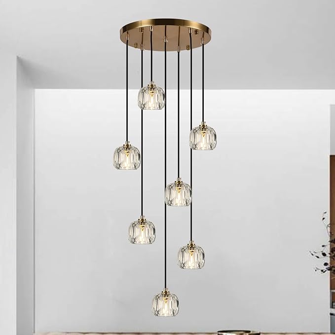 Farmhouse Crystal Pendant Lights, Brass Round Hanging Lamp, Modern Raindrop Chandeliers for Dining Room Living Room Bedroom Kitchen Island
