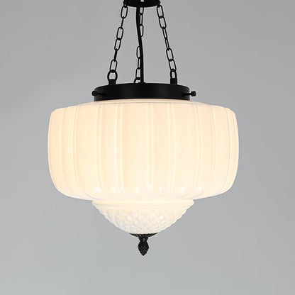 FCTWAKS Milk Glass Pendant Light, 12" Mid Century Modern Schoolhouse Ceiling Light Fixtures, Black Finish with Frosted Glass, Vintage Chandelier for Kitchen Island Dining Room, Bulb Included