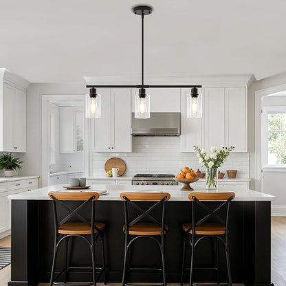 Modern Island Lights for Kitchen, Clear Glass Pendant Lighting Over Island Kitchen Hanging Light Fixtures 3-Light Black Farmhouse Chandelier for Dining Room Foyer Living Room
