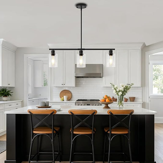 Modern Island Lights for Kitchen, Clear Glass Pendant Lighting Over Island Kitchen Hanging Light Fixtures 3-Light Black Farmhouse Chandelier for Dining Room Foyer Living Room
