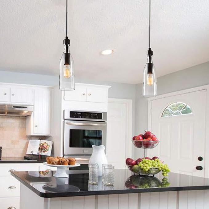 LNC Glass Pendent Lighting for Kitchen Island, Modern Farmhouse Glass Hanging Fixtures for Dining Room, 5” x 5” x 11.2”, 1-Light