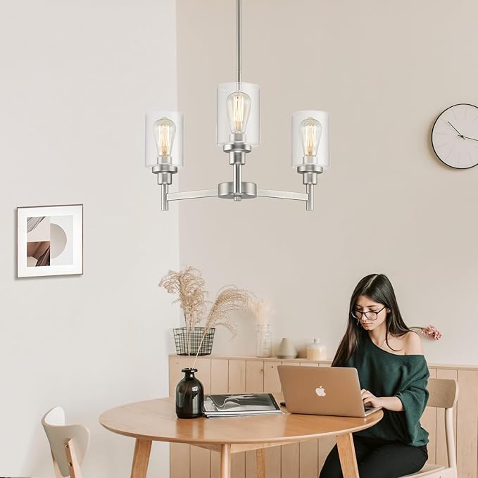 LIGHTDAMY 3 Lights Brushed Nickel Chandeliers for Dining Room Light Fixture Over Table, Entryway Chandelier for Foyer, Hallway Lighting Fixtures with Glass Shade for Kitchen Island Foyer Hallway