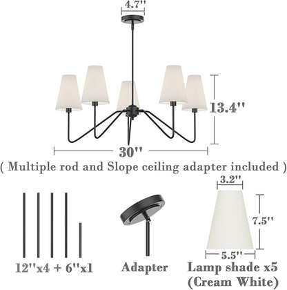 Electro bp;30" Dia 5-Arm Classic Chandeliers Matt Black with White Linen Shades,Light Fixture for Dining Room,Living Room,Bedroom,E12,200W;