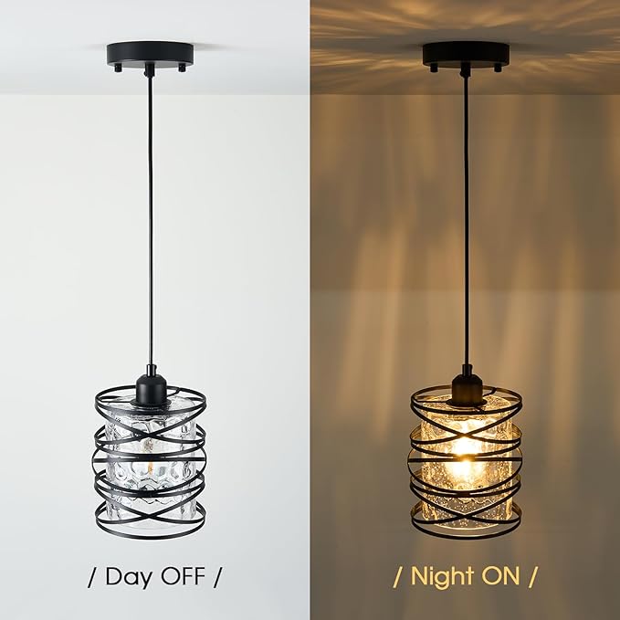 Hammered Glass Pendant Light, Black Metal Spiral Cage Hanging Lamp, Adjustable Height Modern Hanging Light Fixture for Kitchen Island, Dining Room, Living Room, Hallway, Entryway