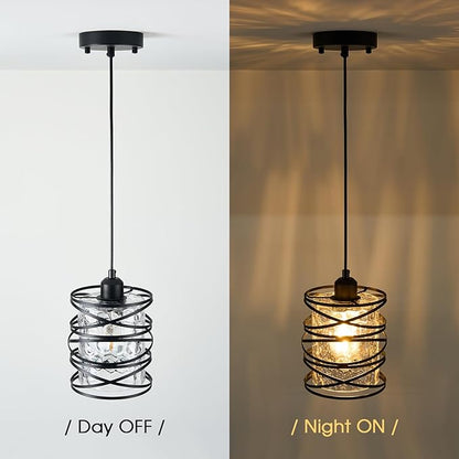 Hammered Glass Pendant Light, Black Metal Spiral Cage Hanging Lamp, Adjustable Height Modern Hanging Light Fixture for Kitchen Island, Dining Room, Living Room, Hallway, Entryway