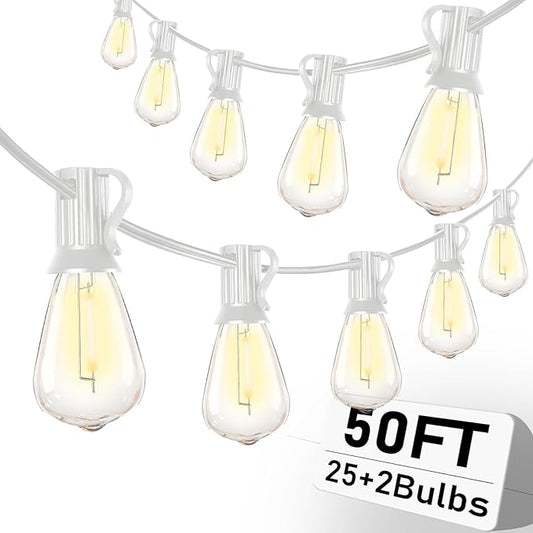 50FT LED Outdoor String Lights with 27 Shatterproof ST35 Bulbs, Connectable Outdoor Patio Lights for Wedding Porch Balcony Decor, White Wire