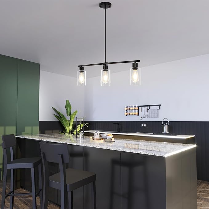 3-Light Kitchen Island Lighting, Farmhouse Dining Room Light Fixtures Over Table, Modern Brushed Nickel Island Lights Over Island, Linear Chandelier Hanging Ceiling Pendant Light Fixtures for Kitchen