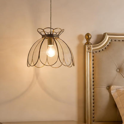 Brass Glass Ceiling Pendant Light, Hanging Chain lamp, with Vintage Lotus Flower Glass Shade for Kitchen Island Dining Room Bedroom Living Room-12 Clear Large Shade
