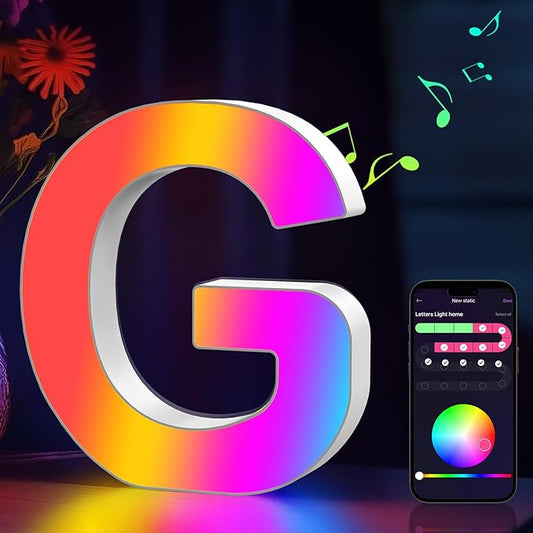 Light Up Letters Marquee Letter - Music Sync RGB Color Changing LED Letter Lights Logo Game Lights for Girls Women Party Birthday Christmas Valentine's Day Wall Desktop Decoration (MRGB-G)