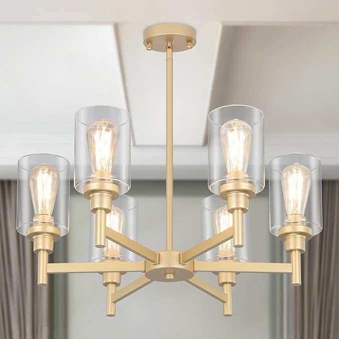 6 Light Gold Chandelier, Farmhouse Chandeliers for Dining Room Light Fixtures Over Table, Hanging Lighting Fixture with Clear Glass Shade for Kitchen Island Living Room Bedroom