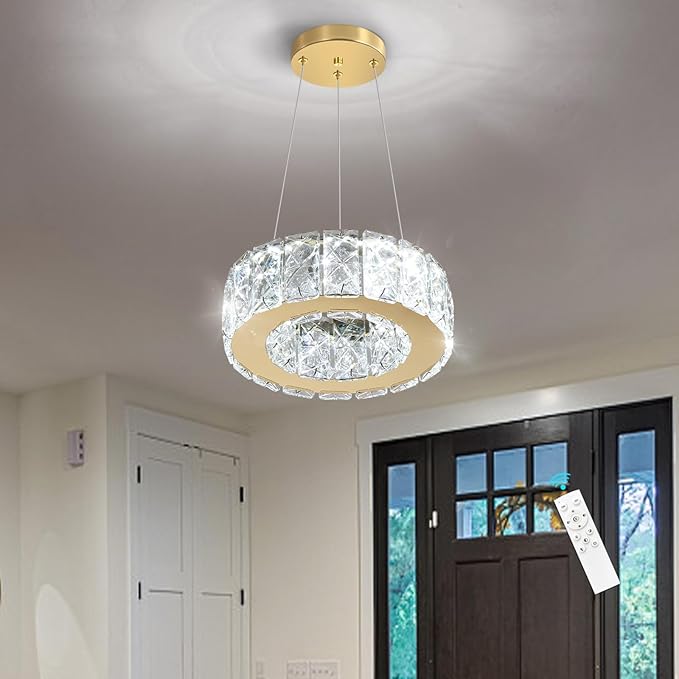 Modern Crystal Chandelier 8W Dimmable LED Crystal Pendant Light Fixtures Height Adjustable Round Gold Chandeliers for Dining Room Hallway Bedroom