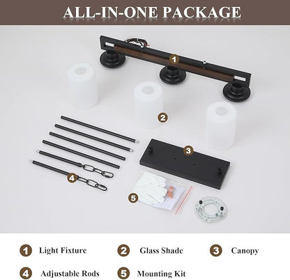Farmhouse Dining Room Light Fixture, 3-Light Wood Kitchen Island Lighting for Dining Room Over Table, Black Adjustable Pendant Light with Milk Glass Shades, Linear Chandeliers Lighting for Kitchen