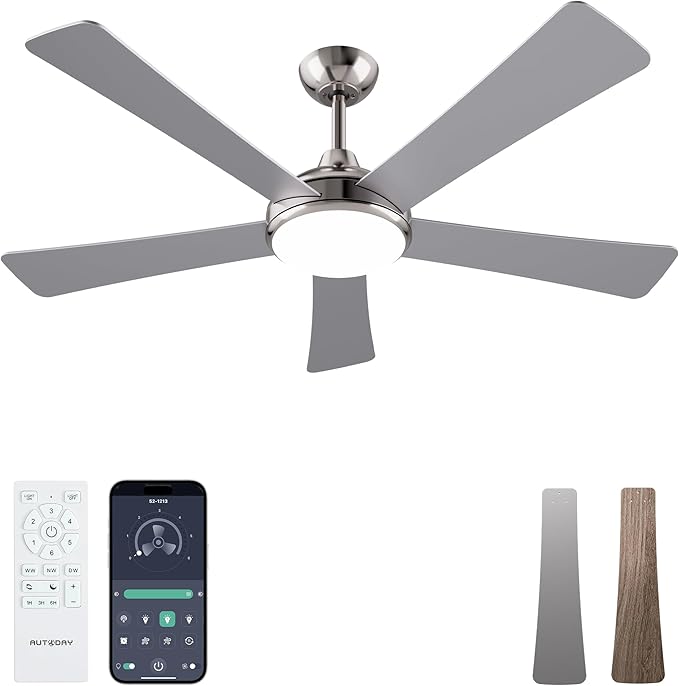 52 Inch Ceiling Fans with Lights and Remote/App Control - Nickel Ceiling Fan with Light, Quiet Reversible DC Motor, Dimmable Tri-Color LED, Modern Ceiling Fan for Bedroom/Patio, Indoor/Outdoor