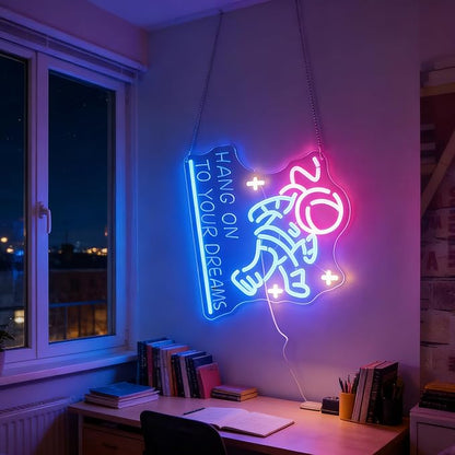 "Hang on to Your Dreams" Tired Astronaut Neon Light - Motivational Space Themed LED Wall Art, Dimmable USB Night Light with Hanging Kit, Inspiring Study Bedroom Decor Gift for Students & Dreamers