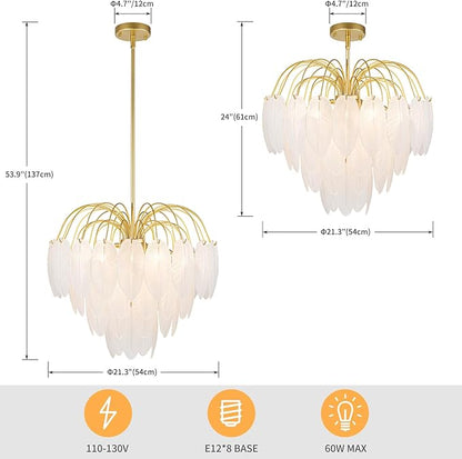 LumFurn 8-Light Gold Chandeliers, 4-Tier Modern Pendant Light Fixture for Dining Room, Living Room, D21 x H24~54" Adjustable Height, Frosted Feather-Shaped Glass Shade & Brass Finish Frame